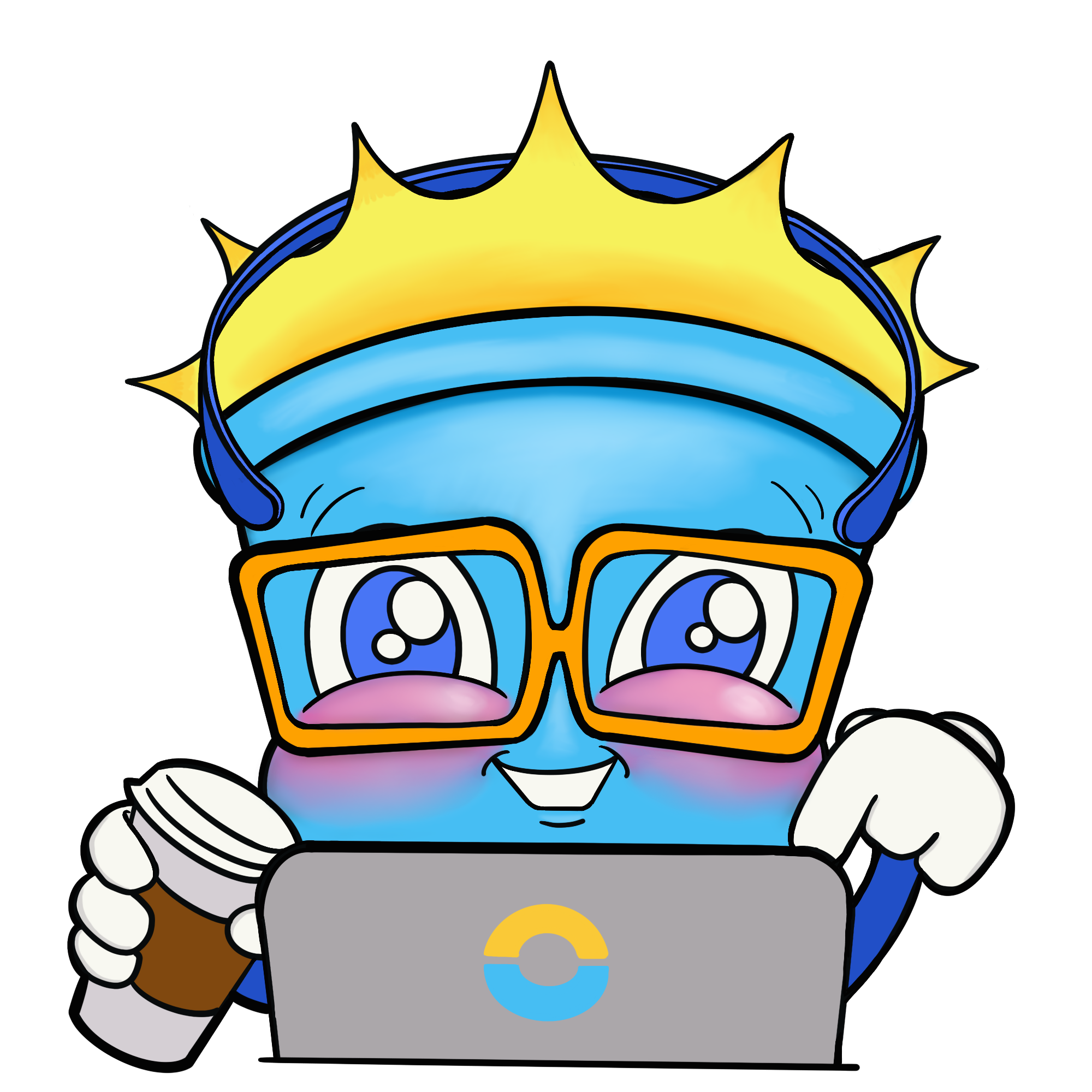 Bucky — the Sunbowl mascot, a blue character with gold crown and glasses working on a laptop